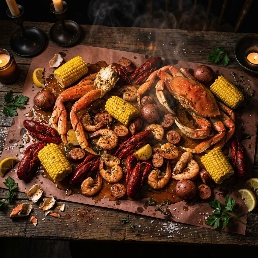 Atmospheric Cajun seafood boil spread on butcher paper with candles