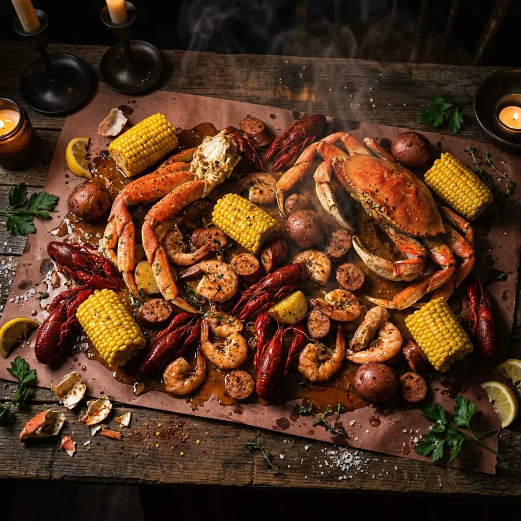 Cajun seafood boil catering spread with crab, shrimp, and crawfish in Grand Junction CO